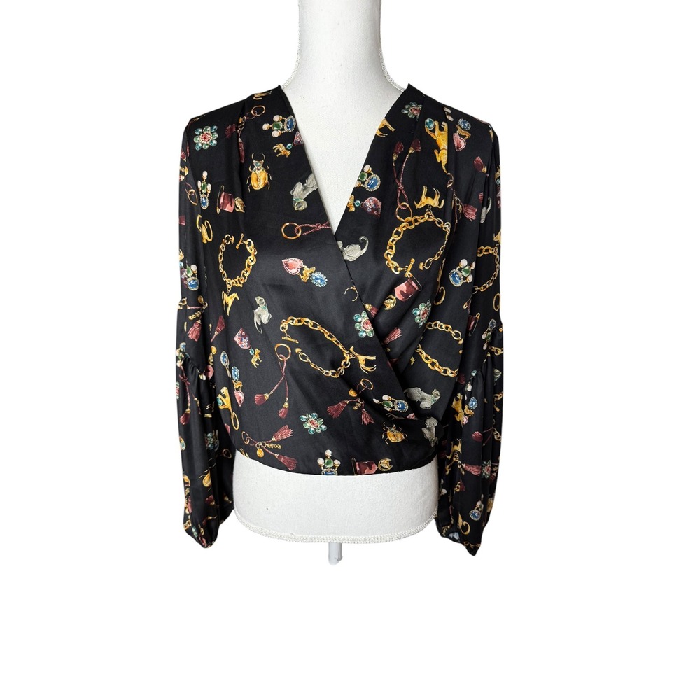 Amanda Uprichard Yuri Faux Wrap Top Jeweled Chain Print Black Satin Small